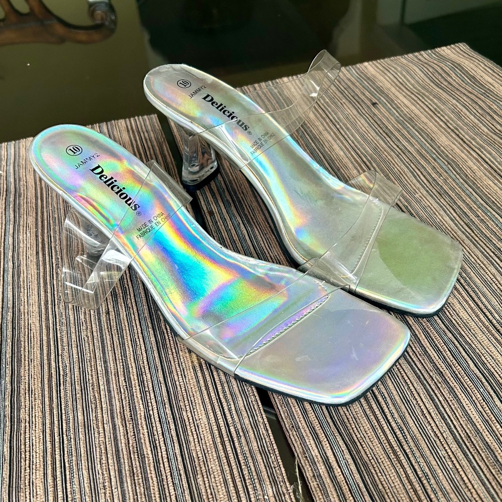 Delicious Translucent Strap Sandals, Holographic Sole & Lucite Heels Size 10